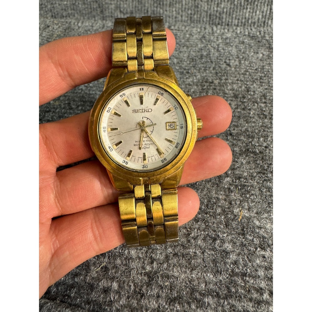 Seiko Kinetic Water Resist 100M Mens Gold Tone Watch 5M42-0L20 White Dial